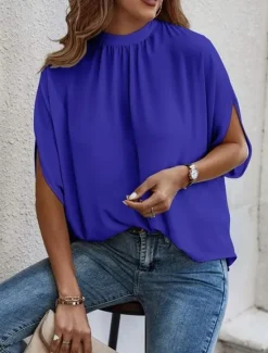 Online Women's Shirt Blouse Solid Color Elegant Daily Stylish Half Sleeve Batwing Sleeve Crew Neck Regular Tops Work Daily Holiday Patchwork Black Blue Brown Green Summer Spring Women Blouses & Shirts