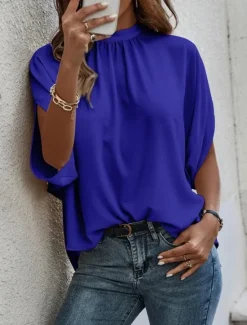 Online Women's Shirt Blouse Solid Color Elegant Daily Stylish Half Sleeve Batwing Sleeve Crew Neck Regular Tops Work Daily Holiday Patchwork Black Blue Brown Green Summer Spring Women Blouses & Shirts
