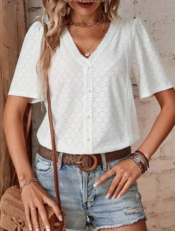New Women's Shirt Blouse Solid Color Elegant Stylish Basic Short Sleeve V Neck Regular Tops Daily Lace White Pink Blue Green Summer Spring Women Blouses & Shirts