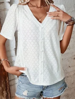 New Women's Shirt Blouse Solid Color Elegant Stylish Basic Short Sleeve V Neck Regular Tops Daily Lace White Pink Blue Green Summer Spring Women Blouses & Shirts