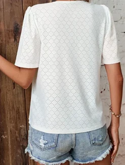 New Women's Shirt Blouse Solid Color Elegant Stylish Basic Short Sleeve V Neck Regular Tops Daily Lace White Pink Blue Green Summer Spring Women Blouses & Shirts
