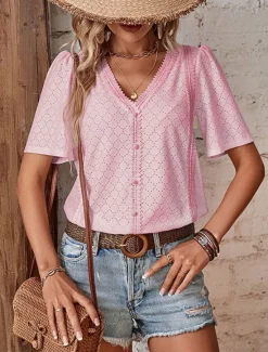 New Women's Shirt Blouse Solid Color Elegant Stylish Basic Short Sleeve V Neck Regular Tops Daily Lace White Pink Blue Green Summer Spring Women Blouses & Shirts