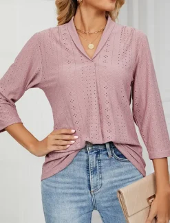 Clearance Women's Shirt Blouse Solid Color Basic Casual 3/4 Length Sleeve V Neck Regular Tops Daily Buttons Eyelet White Pink Green Summer Spring Women Lace Tops