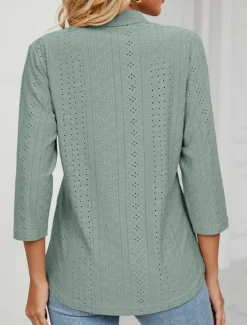 Clearance Women's Shirt Blouse Solid Color Basic Casual 3/4 Length Sleeve V Neck Regular Tops Daily Buttons Eyelet White Pink Green Summer Spring Women Lace Tops