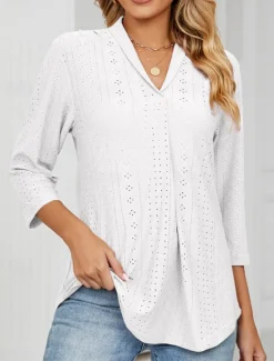 Clearance Women's Shirt Blouse Solid Color Basic Casual 3/4 Length Sleeve V Neck Regular Tops Daily Buttons Eyelet White Pink Green Summer Spring Women Lace Tops