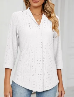 Clearance Women's Shirt Blouse Solid Color Basic Casual 3/4 Length Sleeve V Neck Regular Tops Daily Buttons Eyelet White Pink Green Summer Spring Women Lace Tops