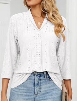 Clearance Women's Shirt Blouse Solid Color Basic Casual 3/4 Length Sleeve V Neck Regular Tops Daily Buttons Eyelet White Pink Green Summer Spring Women Lace Tops