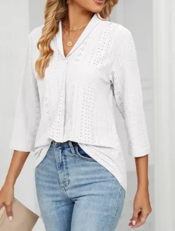 Clearance Women's Shirt Blouse Solid Color Basic Casual 3/4 Length Sleeve V Neck Regular Tops Daily Buttons Eyelet White Pink Green Summer Spring Women Lace Tops