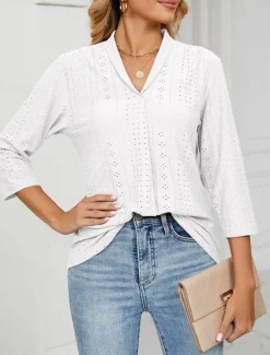 Clearance Women's Shirt Blouse Solid Color Basic Casual 3/4 Length Sleeve V Neck Regular Tops Daily Buttons Eyelet White Pink Green Summer Spring Women Lace Tops