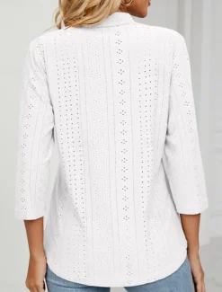 Clearance Women's Shirt Blouse Solid Color Basic Casual 3/4 Length Sleeve V Neck Regular Tops Daily Buttons Eyelet White Pink Green Summer Spring Women Lace Tops