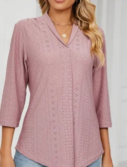 Clearance Women's Shirt Blouse Solid Color Basic Casual 3/4 Length Sleeve V Neck Regular Tops Daily Buttons Eyelet White Pink Green Summer Spring Women Lace Tops