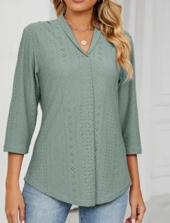 Clearance Women's Shirt Blouse Solid Color Basic Casual 3/4 Length Sleeve V Neck Regular Tops Daily Buttons Eyelet White Pink Green Summer Spring Women Lace Tops