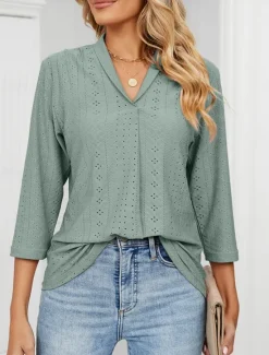 Clearance Women's Shirt Blouse Solid Color Basic Casual 3/4 Length Sleeve V Neck Regular Tops Daily Buttons Eyelet White Pink Green Summer Spring Women Lace Tops