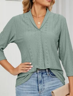 Clearance Women's Shirt Blouse Solid Color Basic Casual 3/4 Length Sleeve V Neck Regular Tops Daily Buttons Eyelet White Pink Green Summer Spring Women Lace Tops