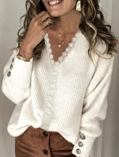 New Women's Shirt Blouse Solid Color Basic Casual Long Sleeve V Neck Regular Tops Daily Lace Buttons White Pink Gray Fall Winter Women Pullovers & Tops