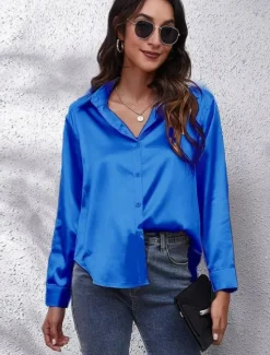 Discount Women's Shirt Blouse Solid Color Business Modern Casual Long Sleeve Shirt Collar Regular Tops Work Formal Wear Buttons Yellow Pink Wine Blue Green Summer Spring Women Blouses & Shirts