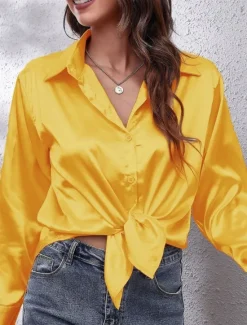Discount Women's Shirt Blouse Solid Color Business Modern Casual Long Sleeve Shirt Collar Regular Tops Work Formal Wear Buttons Yellow Pink Wine Blue Green Summer Spring Women Blouses & Shirts