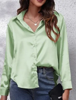 Discount Women's Shirt Blouse Solid Color Business Modern Casual Long Sleeve Shirt Collar Regular Tops Work Formal Wear Buttons Yellow Pink Wine Blue Green Summer Spring Women Blouses & Shirts