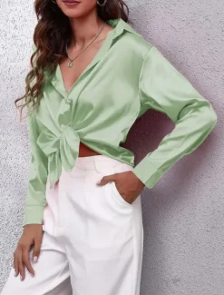 Discount Women's Shirt Blouse Solid Color Business Modern Casual Long Sleeve Shirt Collar Regular Tops Work Formal Wear Buttons Yellow Pink Wine Blue Green Summer Spring Women Blouses & Shirts