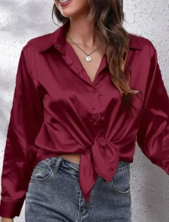 Discount Women's Shirt Blouse Solid Color Business Modern Casual Long Sleeve Shirt Collar Regular Tops Work Formal Wear Buttons Yellow Pink Wine Blue Green Summer Spring Women Blouses & Shirts