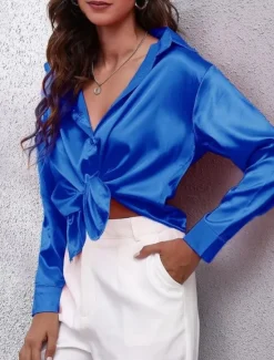 Discount Women's Shirt Blouse Solid Color Business Modern Casual Long Sleeve Shirt Collar Regular Tops Work Formal Wear Buttons Yellow Pink Wine Blue Green Summer Spring Women Blouses & Shirts