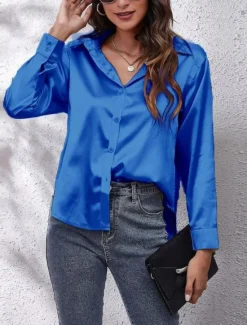 Discount Women's Shirt Blouse Solid Color Business Modern Casual Long Sleeve Shirt Collar Regular Tops Work Formal Wear Buttons Yellow Pink Wine Blue Green Summer Spring Women Blouses & Shirts