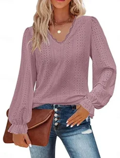Best Women's Shirt Blouse Solid Color Basic Casual Long Sleeve V Neck Regular Tops Daily Lace Eyelet Light Green Pink Fall Winter Women Lace Tops