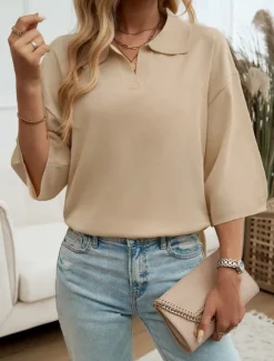 Women's Shirt Blouse Solid Color Basic Casual 3/4 Length Sleeve Shirt Collar Regular Tops Daily Yellow Blue Beige Summer Spring Fall Women Blouses & Shirts