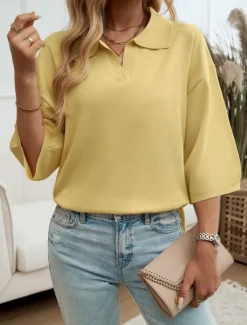 Women's Shirt Blouse Solid Color Basic Casual 3/4 Length Sleeve Shirt Collar Regular Tops Daily Yellow Blue Beige Summer Spring Fall Women Blouses & Shirts