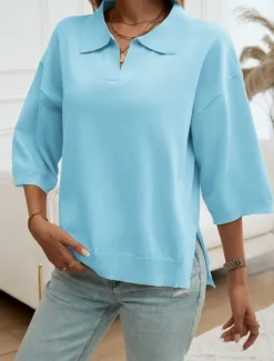 Women's Shirt Blouse Solid Color Basic Casual 3/4 Length Sleeve Shirt Collar Regular Tops Daily Yellow Blue Beige Summer Spring Fall Women Blouses & Shirts