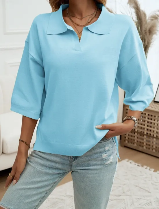 Women's Shirt Blouse Solid Color Basic Casual 3/4 Length Sleeve Shirt Collar Regular Tops Daily Yellow Blue Beige Summer Spring Fall Women Blouses & Shirts