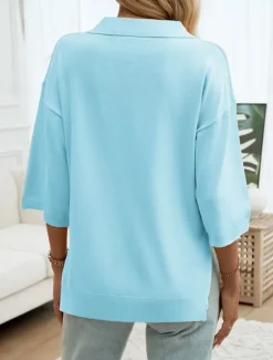 Women's Shirt Blouse Solid Color Basic Casual 3/4 Length Sleeve Shirt Collar Regular Tops Daily Yellow Blue Beige Summer Spring Fall Women Blouses & Shirts