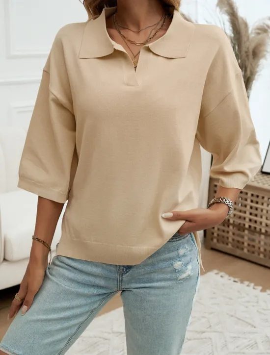 Women's Shirt Blouse Solid Color Basic Casual 3/4 Length Sleeve Shirt Collar Regular Tops Daily Yellow Blue Beige Summer Spring Fall Women Blouses & Shirts