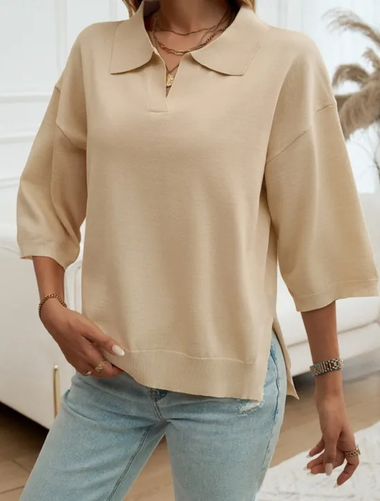 Women's Shirt Blouse Solid Color Basic Casual 3/4 Length Sleeve Shirt Collar Regular Tops Daily Yellow Blue Beige Summer Spring Fall Women Blouses & Shirts