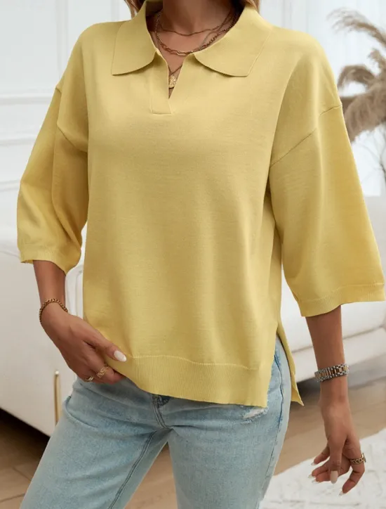 Women's Shirt Blouse Solid Color Basic Casual 3/4 Length Sleeve Shirt Collar Regular Tops Daily Yellow Blue Beige Summer Spring Fall Women Blouses & Shirts