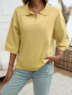 Women's Shirt Blouse Solid Color Basic Casual 3/4 Length Sleeve Shirt Collar Regular Tops Daily Yellow Blue Beige Summer Spring Fall Women Blouses & Shirts