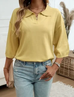 Women's Shirt Blouse Solid Color Basic Casual 3/4 Length Sleeve Shirt Collar Regular Tops Daily Yellow Blue Beige Summer Spring Fall Women Blouses & Shirts
