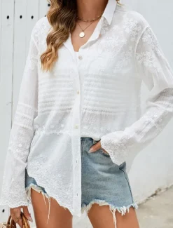 Discount Women's Shirt Blouse Solid Color Elegant Daily Stylish Long Sleeve Shirt Collar Regular Tops Daily Holiday Going out Lace Spring Fall Women Lace Tops