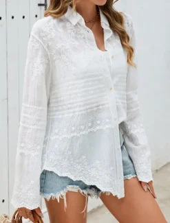 Discount Women's Shirt Blouse Solid Color Elegant Daily Stylish Long Sleeve Shirt Collar Regular Tops Daily Holiday Going out Lace Spring Fall Women Lace Tops