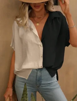 Hot Women's Shirt Blouse Solid Color Stylish Casual Short Sleeve Shirt Collar Regular Tops Daily Buttons Black White Summer Spring Women Blouses & Shirts