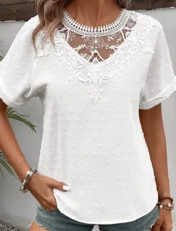 Outlet Women's Shirt Blouse Solid Color Elegant Stylish Basic Short Sleeve Crew Neck Regular Tops Daily Lace Embroidered Summer Spring Women Shirts