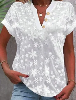 Sale Women's Shirt Blouse Solid Color Stylish Casual Short Sleeve Notched Neck Regular Tops Daily Lace Patchwork Buttons Black White Blue Khaki Summer Women Lace Tops