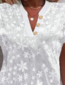 Sale Women's Shirt Blouse Solid Color Stylish Casual Short Sleeve Notched Neck Regular Tops Daily Lace Patchwork Buttons Black White Blue Khaki Summer Women Lace Tops