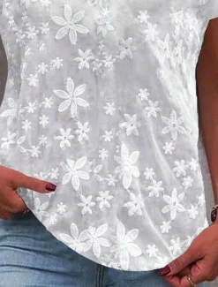 Sale Women's Shirt Blouse Solid Color Stylish Casual Short Sleeve Notched Neck Regular Tops Daily Lace Patchwork Buttons Black White Blue Khaki Summer Women Lace Tops