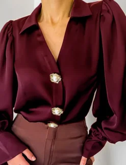 Sale Women's Shirt Blouse Solid Color Elegant Modern Casual Long Sleeve V Neck Shirt Collar Regular Tops Wedding Guest Work Daily Buttons Black Red Green Summer Spring Fall Women Blouses & Shirts