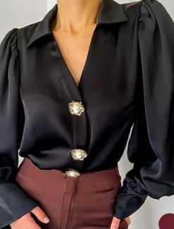 Sale Women's Shirt Blouse Solid Color Elegant Modern Casual Long Sleeve V Neck Shirt Collar Regular Tops Wedding Guest Work Daily Buttons Black Red Green Summer Spring Fall Women Blouses & Shirts