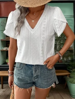 Hot Women's Shirt Blouse Solid Color Elegant Stylish Basic Short Sleeve V Neck Regular Tops Daily Lace Summer Spring Women Blouses & Shirts