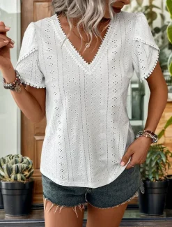 Hot Women's Shirt Blouse Solid Color Elegant Stylish Basic Short Sleeve V Neck Regular Tops Daily Lace Summer Spring Women Blouses & Shirts