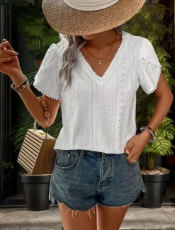 Hot Women's Shirt Blouse Solid Color Elegant Stylish Basic Short Sleeve V Neck Regular Tops Daily Lace Summer Spring Women Blouses & Shirts