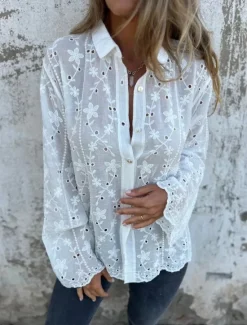 Outlet Women's Shirt Blouse Solid Color Stylish Casual Long Sleeve Shirt Collar Regular Tops Daily Buttons Eyelet White Beige Summer Spring Women Lace Tops